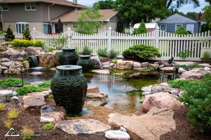 Fountains near and in a pond