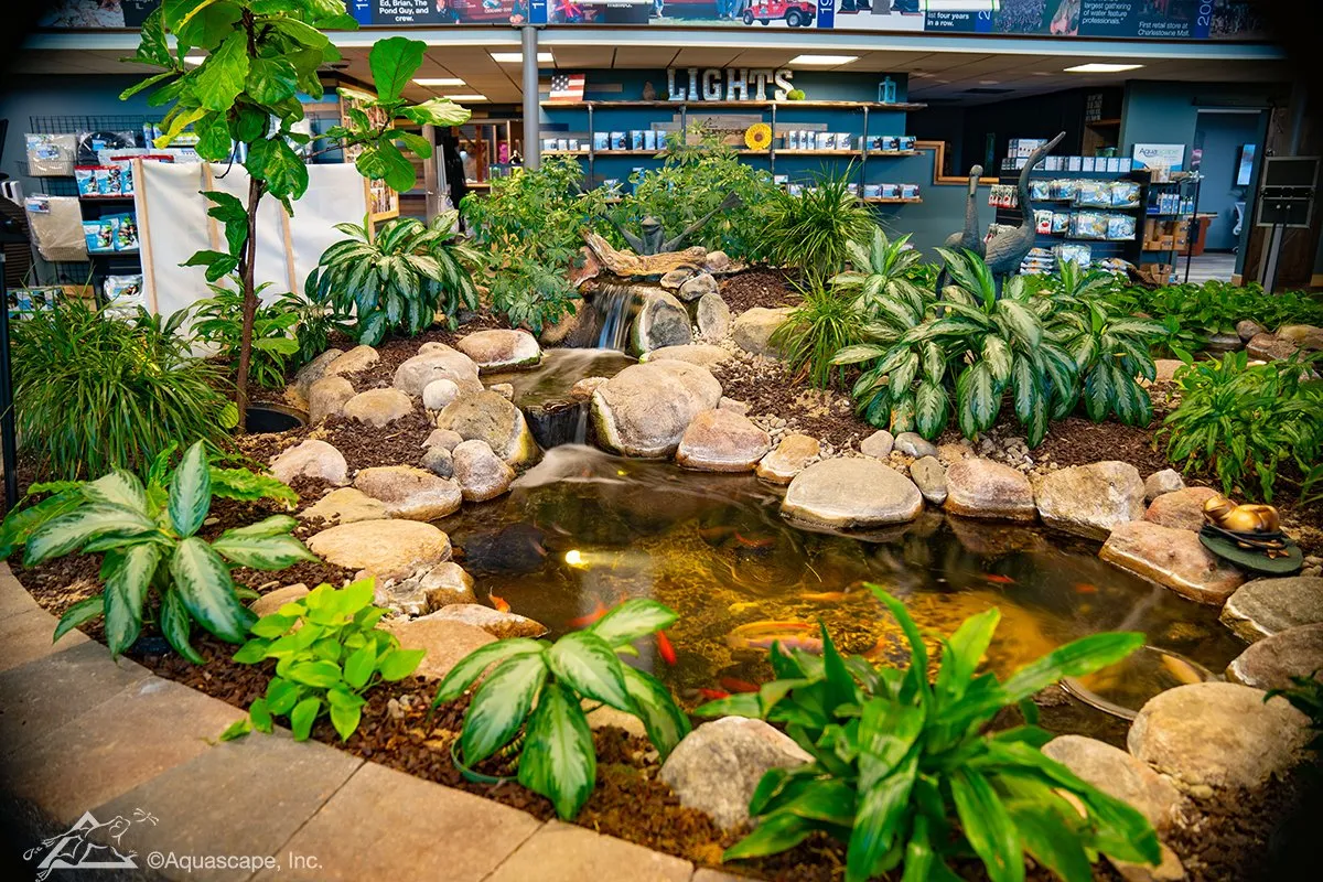 This pond with waterfall is one of the many beautiful ecosystem ponds featured in our Water Gardening Store