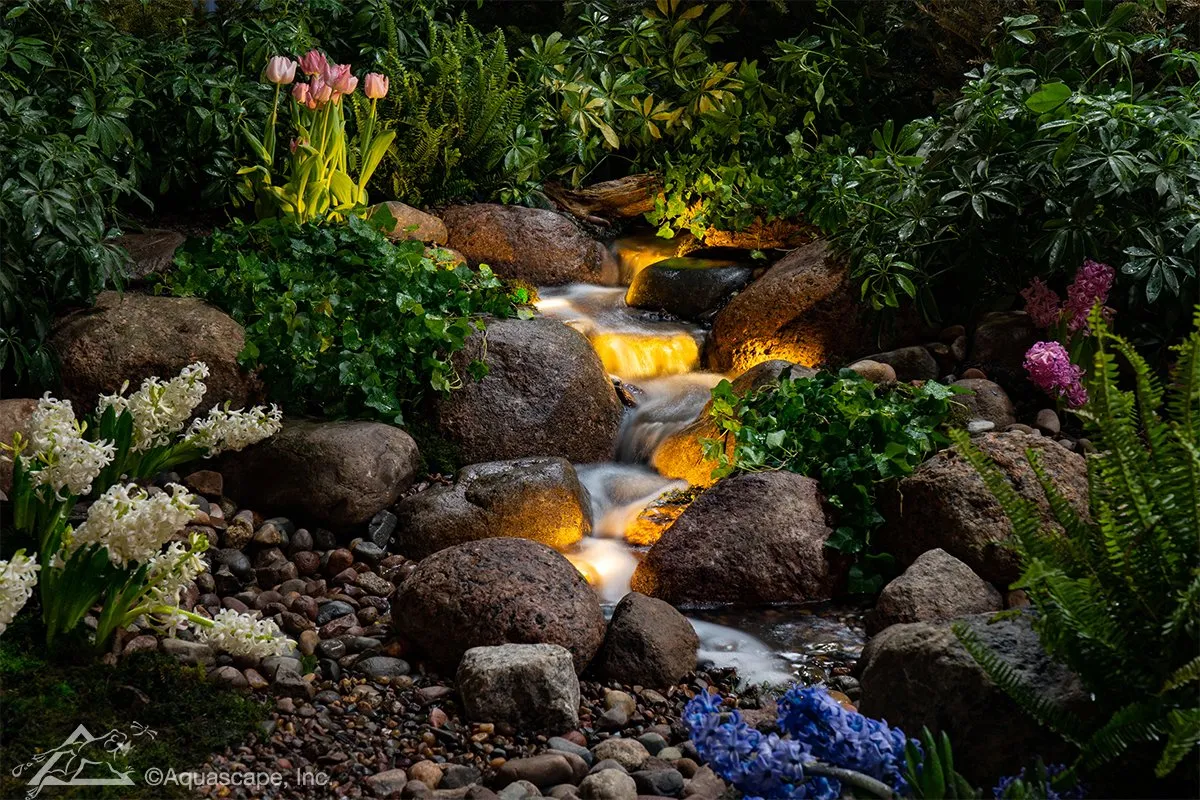 LED lights on pondless waterfall